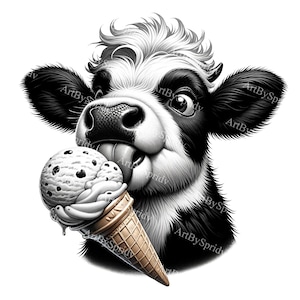 Schwarz & weiß Kuh Clipart mit Eistüte | Skurrile Tier Digital Art PNG | Süße Kuh Illustration für DIY Bastelprojekte