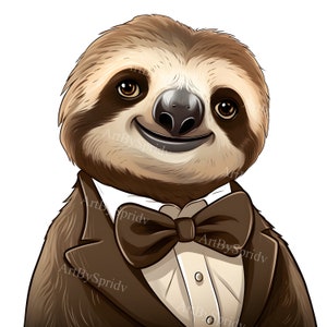 Charming Sloth in Tuxedo Clipart PNG, Elegant Animal Digital Art, Funny Formal Illustration,Transparent Sloth Graphic for Crafts&Sublimation