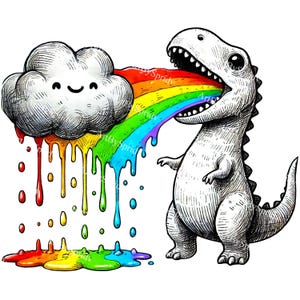 Dinosaur & Rainbow Cloud PNG Clipart, Cute Kawaii Dinosaur Spitting Rainbow, Transparent Clip Art for Kids, DIY Crafts,Stickers,Scrapbooking