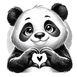 Watercolor Panda Heart Clipart - Cartoon Panda Digital PNG for DTG, T-Shirt, Mug,Tumbler,Scrapbooking-Love Theme Sublimation Design Clip Art