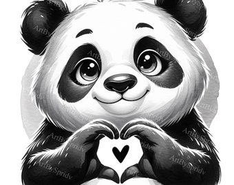 Watercolor Panda Heart Clipart - Cartoon Panda Digital PNG for DTG, T-Shirt, Mug,Tumbler,Scrapbooking-Love Theme Sublimation Design Clip Art
