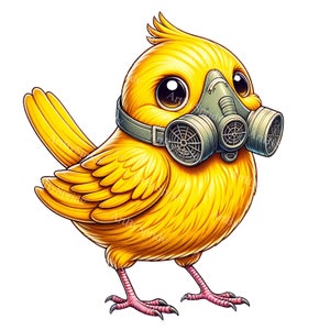 Gelber Kanarienvogel in Gasmaske Clipart | Einzigartige Sublimation PNG | Druckbare Vogel Illustration | Digitale Clip Art zum Basteln & DIY-Projekt