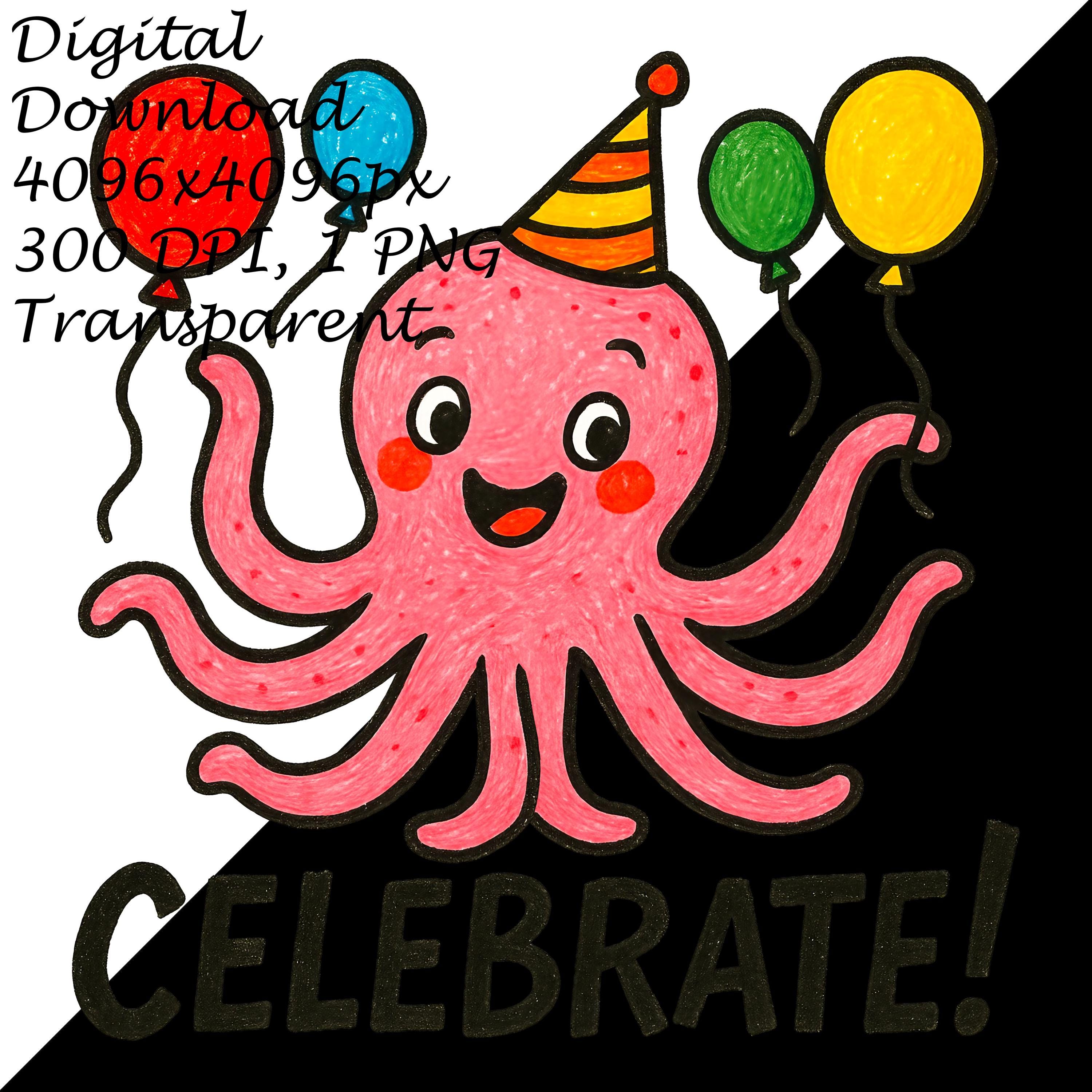 Cute Party Octopus PNG – Pink Cartoon Octopus With Balloons and Hat ...