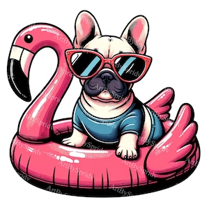 French Bulldog in Sunglasses on Flamingo Float PNG Clipart | Trendy Summer Dog Sublimation for T-Shirts, Mugs, Tumbler | Digital Download