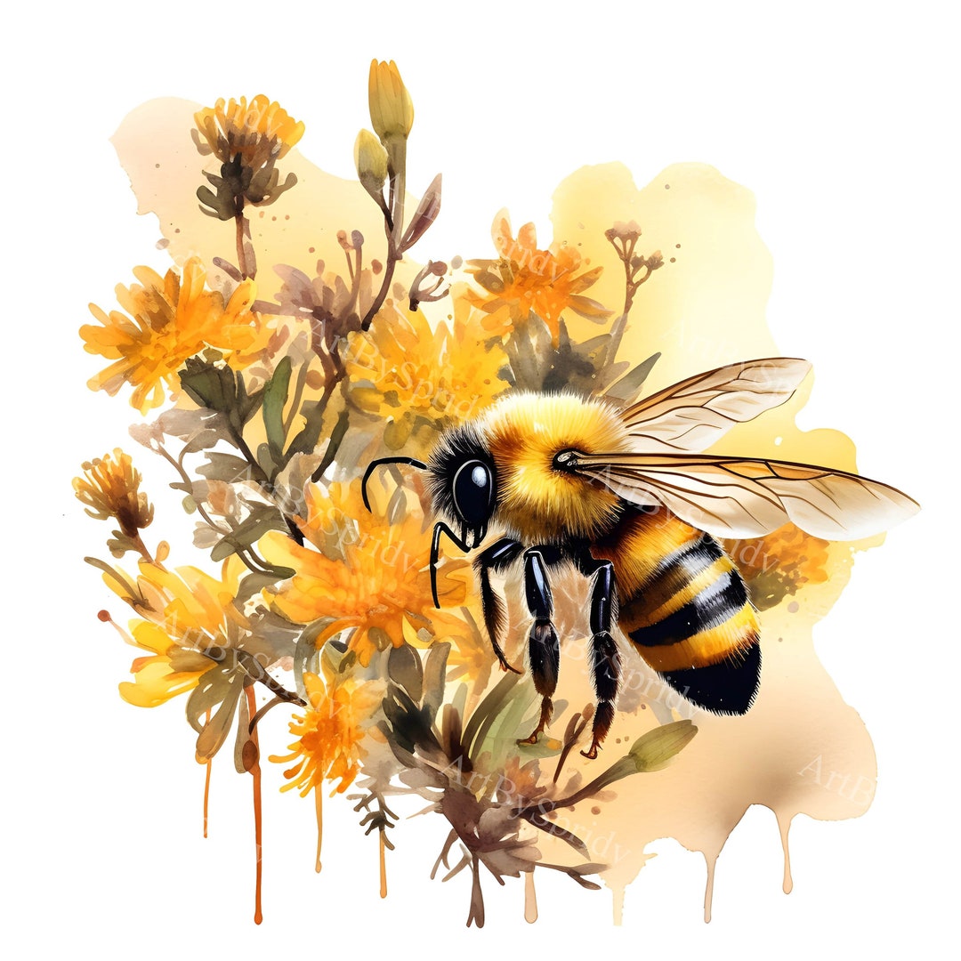 Vintage Watercolor Bee Clipart With Rustic Wildflowers, Transparent PNG ...