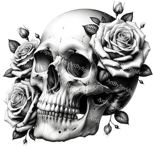 Komplizierte Schädel und Rosen Clipart - hochauflösende transparente PNG für Scrapbooking, Sublimation Tattoo Design, Gothic Dekor, digitaler Download