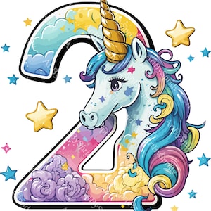 2nd Year Old Girl/Boy Birthday Unicorn Gift Transparent PNG Clipart, Baby/Toddler Cartoon Design, Printable Sublimation Clip Art, Commercial