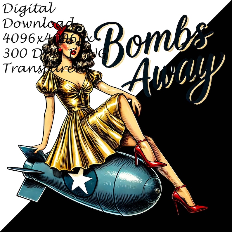 Vintage Pin-up Bombshell Clipart WWII Nose Art Style Illustration, Bombs Away Transparent Png ...