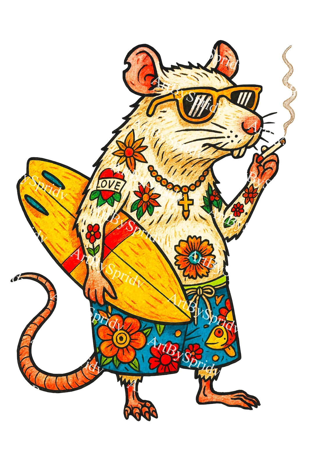 Cool Surfer Rat PNG Clipart, Tattooed Beach Rat With Surfboard, Summer ...