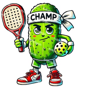 Pickleball Champ Pickle Clipart, Funny Cartoon Pickle with Paddle Transparent PNG, Quirky Digital Clip Art for Sports DIY Crafts,DTG T-Shirt