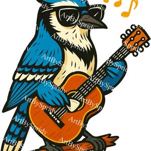 ギターを弾くクールなブルージェイ PNG | ファンキーな音楽鳥クリップアート（昇華転写、ステッカー、アパレル用） | 透明デジタルダウンロードクリップアートプリント
