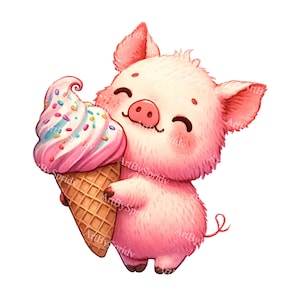 Lindo lechón rosa con cono de helado Clipart-Cartoon transparente PNG ilustración, descarga digital decoraciones de fiesta para niños, scrapbooking, bricolaje