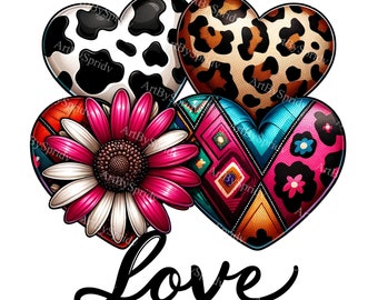 May include: Three colorful hearts with different patterns, including cow print, leopard print, and a geometric design. A pink flower with white petals is in the center of the hearts. The word "love" is written in black below the hearts.