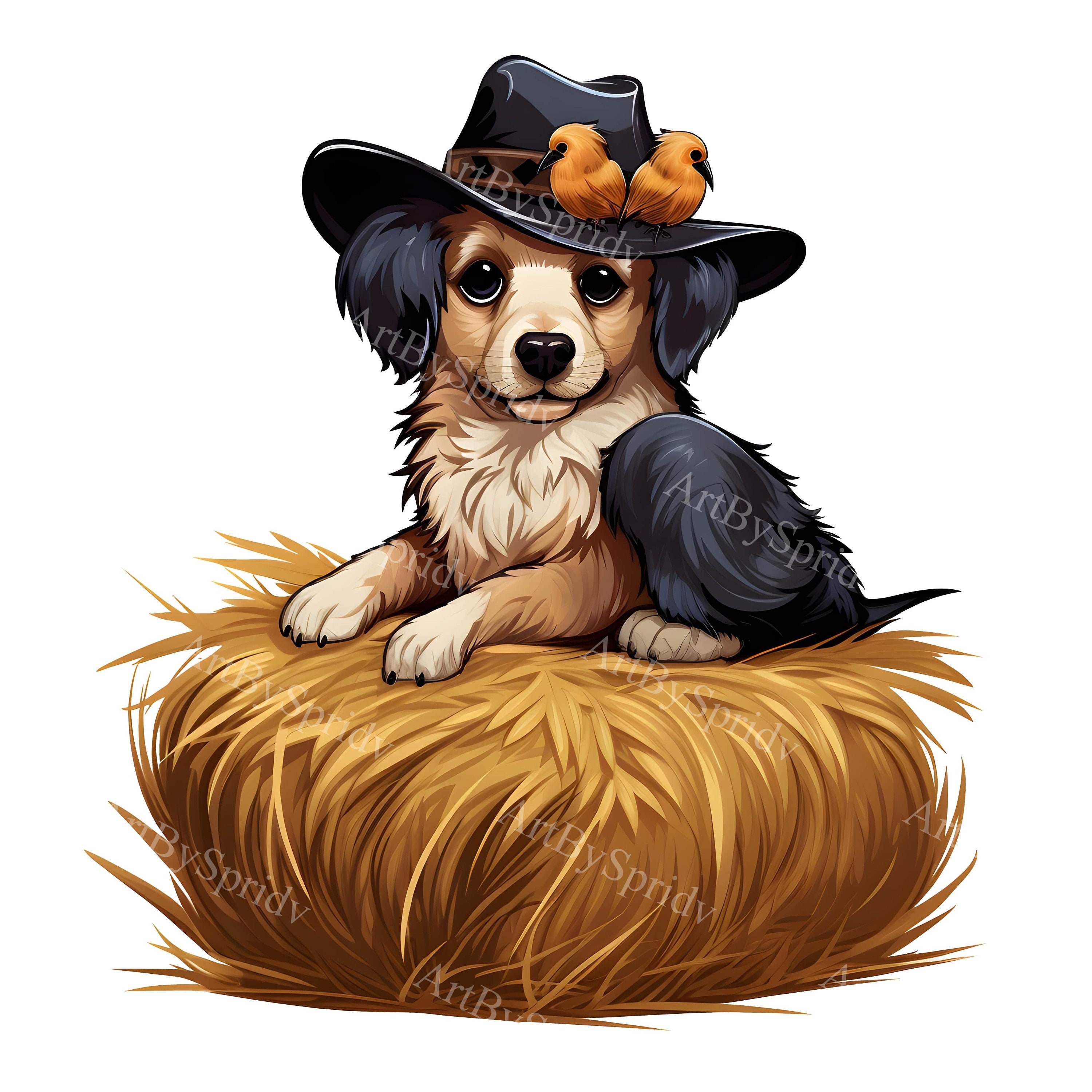 Perro con sombrero de vaquero sentado en un pajar con pájaros PNG Clipart,  Clip Art de animales de granja rústicos, Lindo cachorro digital para, image size:3000x3000