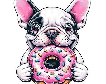 Französische Bulldogge mit rosa Donut PNG Clipart, süße Hund mit Donut Illustration, wunderliche Welpen Kunst, druckbare Haustier Grafiken, sofort Download