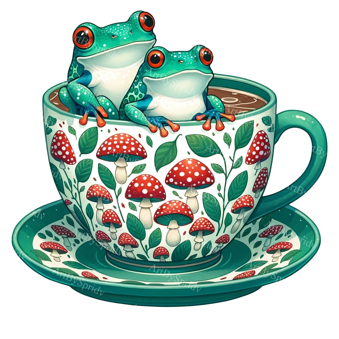 Frog in Teacup Clipart Floral & Mushroom Coffee Cup PNG, Watercolor