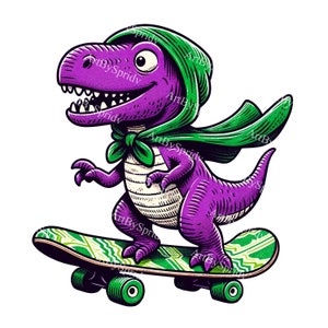 Purple Dinosaur on Skateboard PNG Clipart, Cute Dino Art for Skateboarding Kids, Fun Digital Download, Boys Room Decor,Printable Nursery Art