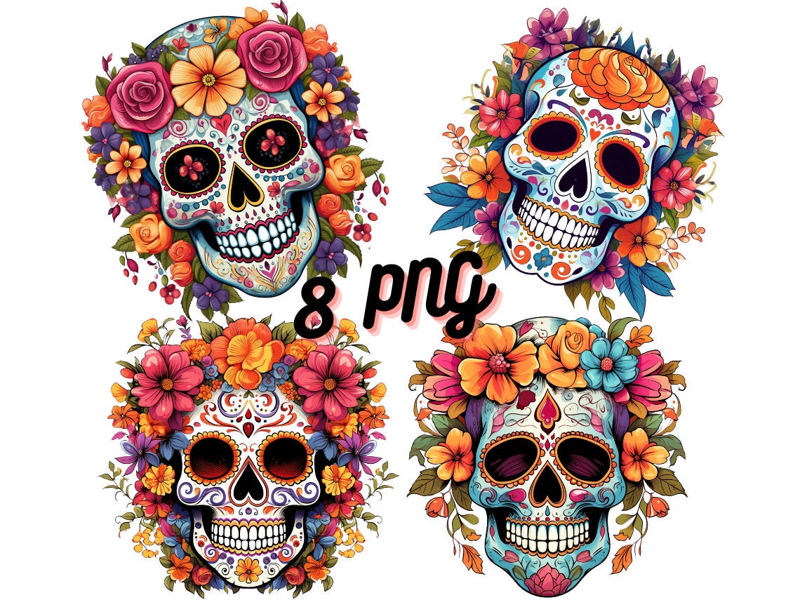 Vibrant Floral Sugar Skull Clipart Bundle | Day of the Dead PNG ...