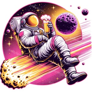 Astronauta relajándose en el espacio con cerveza - Ilustración de aventurero cósmico - Camiseta PNG digital imprimible por sublimación y diseño de manualidades DIY