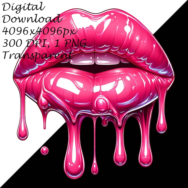 Glossy Dripping Lips Clipart - Vibrant Pink Lip Art PNG, Digital Download for Invitations, Beauty Bloggers & DIY Crafts,Drip Effect Graphics