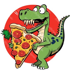 Funky T-Rex Dinosaur Eating Pizza Slice - Digital Clipart for Printable Sublimation, Kids Party Decor, Apparel Design - Instant PNG Download