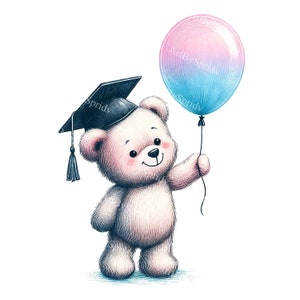 Clipart z misiem na zakończenie studiów - Uroczy miś akwarelowy z czapką absolwenta PNG, idealny na zaproszenia, kartki okolicznościowe, scrapbooking, majsterkowanie