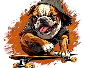 Skateboarding Bulldog PNG Clipart – Cool Cartoon Dog Illustration