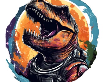 Epische T-Rex in ruimtepak PNG-clipart, Cosmic Galaxy dinosaurus digitale download voor T-shirts, mokken, bekers sublimatie, ambachtelijke doe-het-zelfprojecten