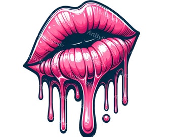 May include: A pair of pink lips with dripping gloss. The gloss is dripping down in thick, glossy drops.