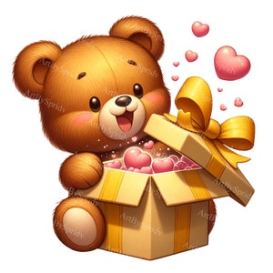 Clipart di orsacchiotto di San Valentino con cuore e scatola regalo - PNG per DTG, magliette, tazze, bicchieri, sublimazione, scrapbooking - Download digitale