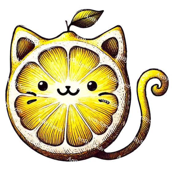 かわいいレモン猫 PNG、かわいい柑橘類の猫のクリップアート、手描きの