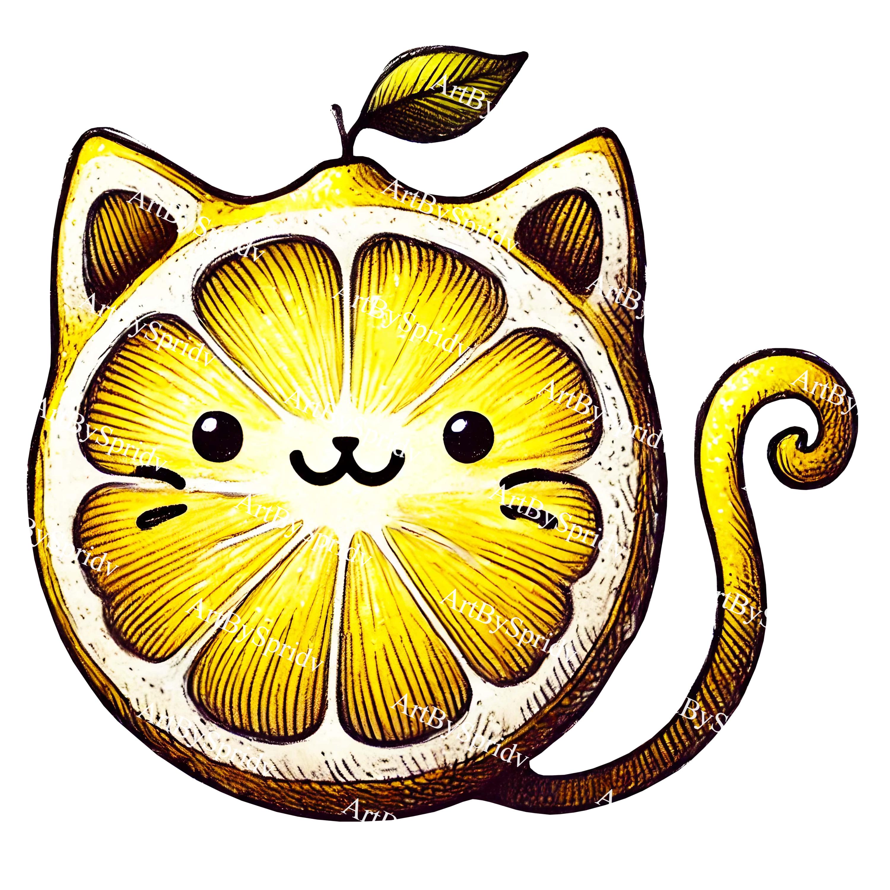 かわいいレモン猫 PNG、かわいい柑橘類の猫のクリップアート、手描きの