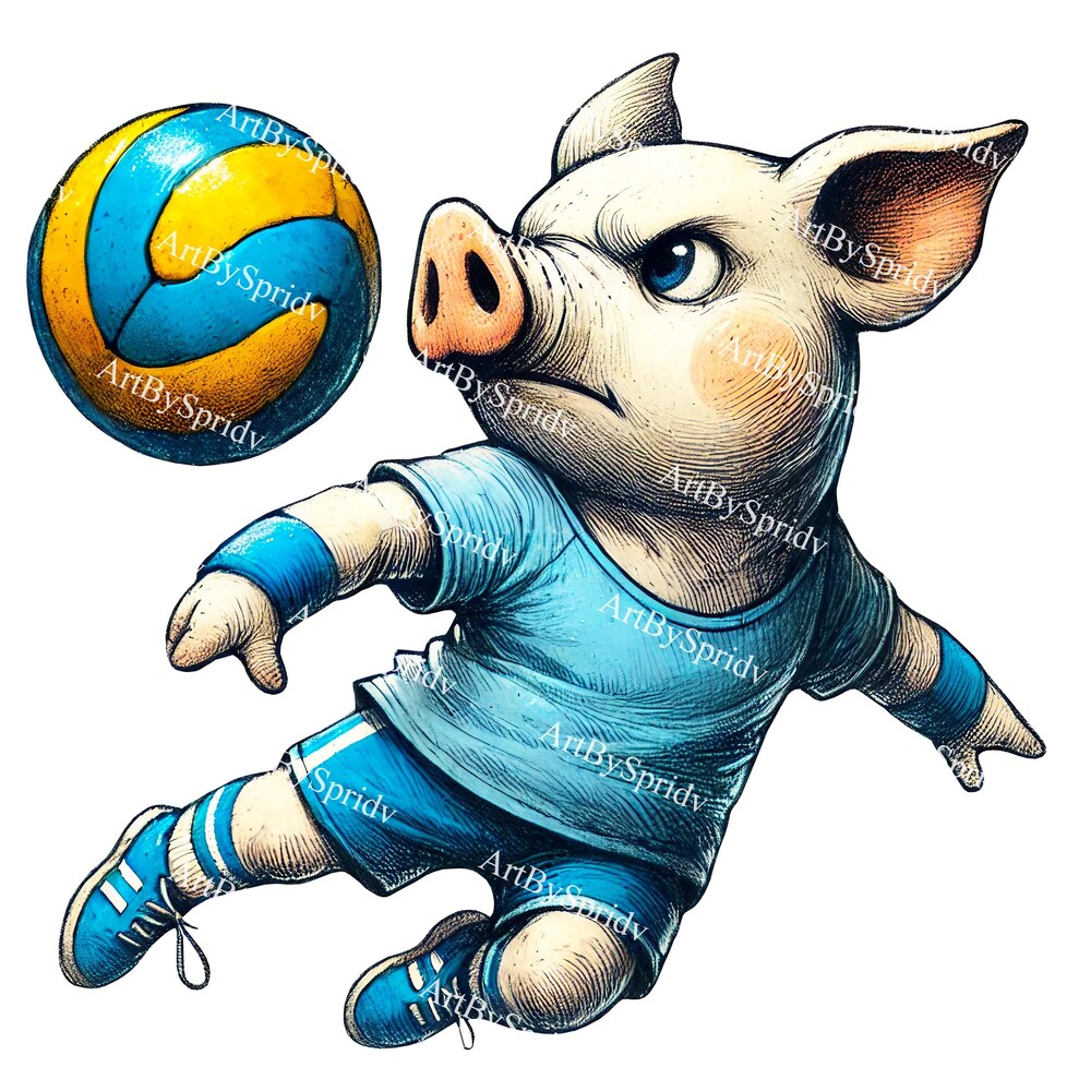 Funny Volleyball Pig Png, Athletic Sports Pig Playing Volleyball Clipart, Cute Farm Animal Cartoon, Transparent T-Shirt Sublimation Design