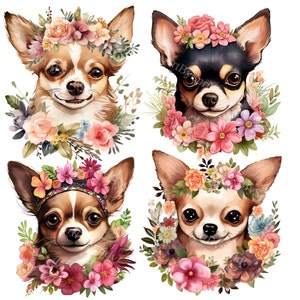 Adorable Chihuahua Floral Clipart Set | Dog Breed Illustrations with Flower Crowns | Sublimation Printing, DIY Projects & Digital Crafts