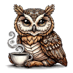 Przytulna sowa Clipart z filiżanką kawy - Intrygujący rysunek tuszem PNG, cyfrowe pobieranie do rzemiosła, scrapbookingu, zaproszeń i projektów kreatywnych DIY