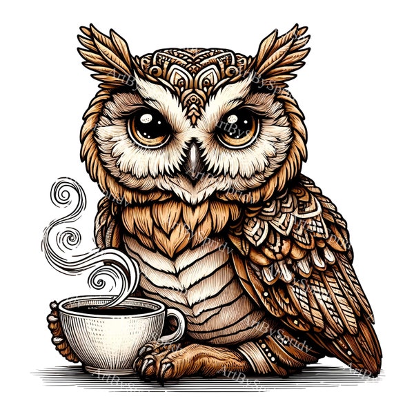 Cozy Owl Clipart with Coffee Cup - Intricate Ink Drawing PNG, Digital Download for Crafts, Scrapbooking, Invitations & DIY Creative Projects