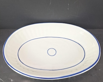 Viana Portugal Porcelain Serving Platter Dish 14" x 9" Oval Blue Line Border