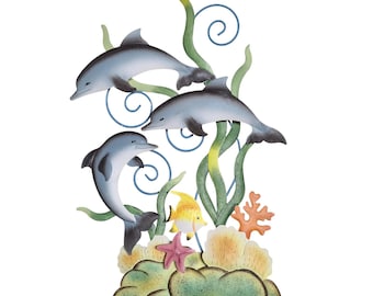 Vintage Dolphin Tropical Sealife Metal Wall Hanging Art Decor 23 x 15.5"