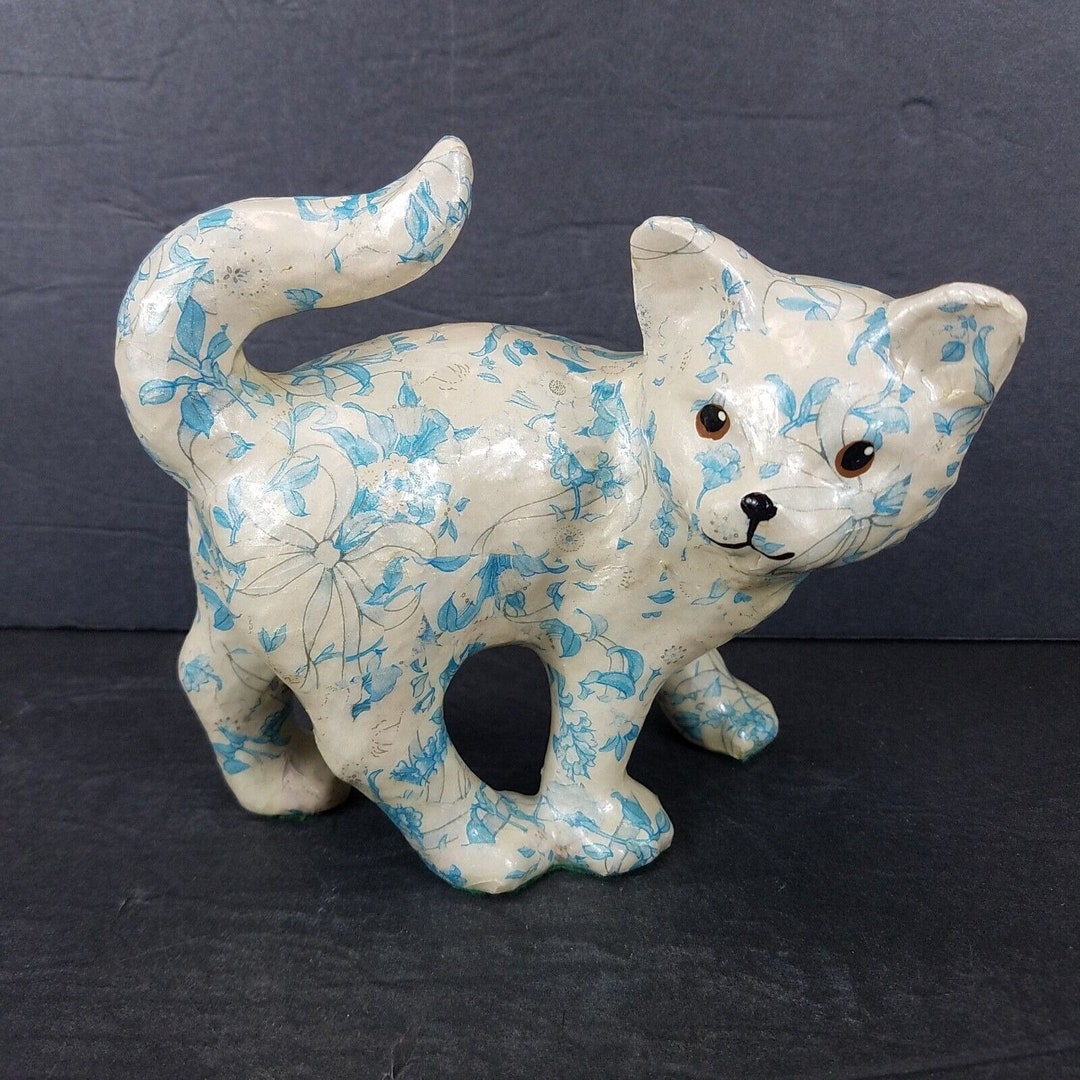 Vintage Cat Figurine Statue Decoupage Paper Mache on Ceramic Etsy