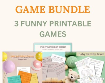 Bundel met grappige babyshowers: mysterie, charades en weetjes (downloadbare pdf-feestspellen)