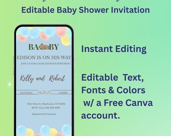 Digitale babyshower uitnodiging jongen | Sjabloon Sleepy Bear-ballon mobiele avond