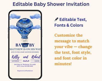 Digitale babyshower uitnodiging jongen | Sjabloon marineblauwe heteluchtballon mobiele avond