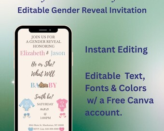 Digitale uitnodiging voor geslachtsbekendheid op mobiele telefoon | Draag hij of zij canvassjabloon