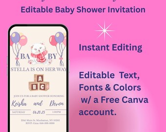 Digitale babyshower uitnodiging meisje | Mobiele Evite Bear Kitten | Bewerkbare canvassjabloon