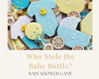 Wie heeft de babyfles gestolen? Een hilarisch en vermakelijk mysteriespel voor babyshowers | Direct downloaden | Afdrukken en afspelen