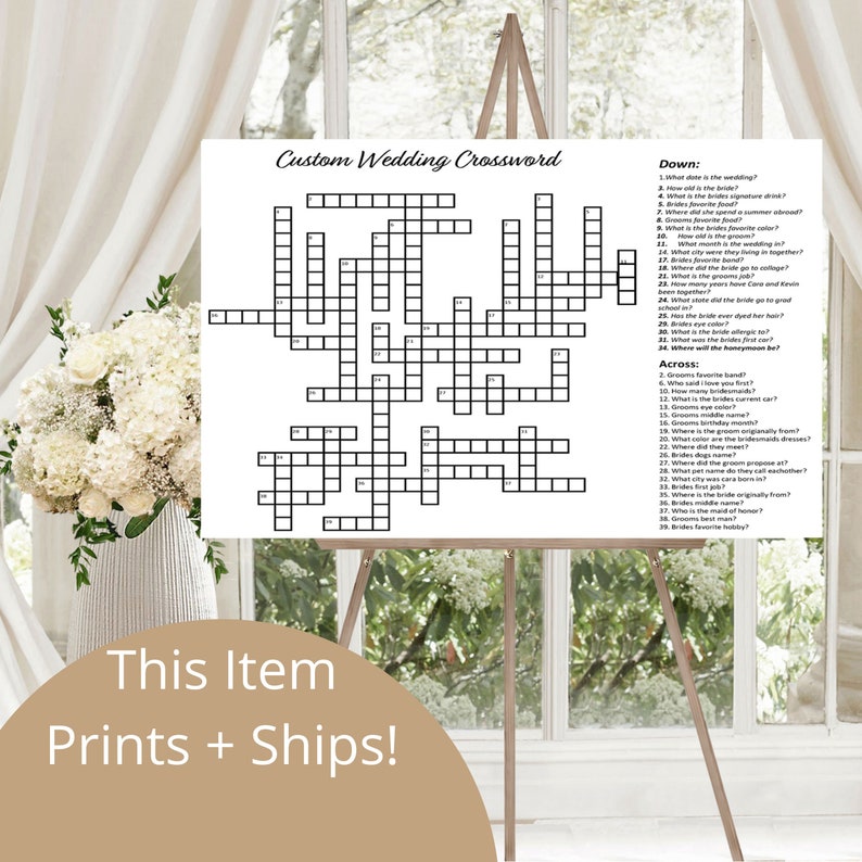 May include: A printable wedding crossword puzzle with a white background and black grid lines. The title "Custom Wedding Crossword" is at the top of the page. The crossword puzzle has 34 clues, with 17 clues listed under "Across" and 17 clues listed under "Down".