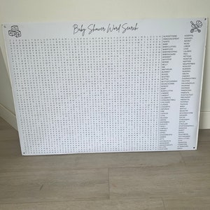 May include: A black and white printable baby shower word search game with the words "Baby Shower Word Search" at the top. The game includes words related to babies, pregnancy, and baby showers.