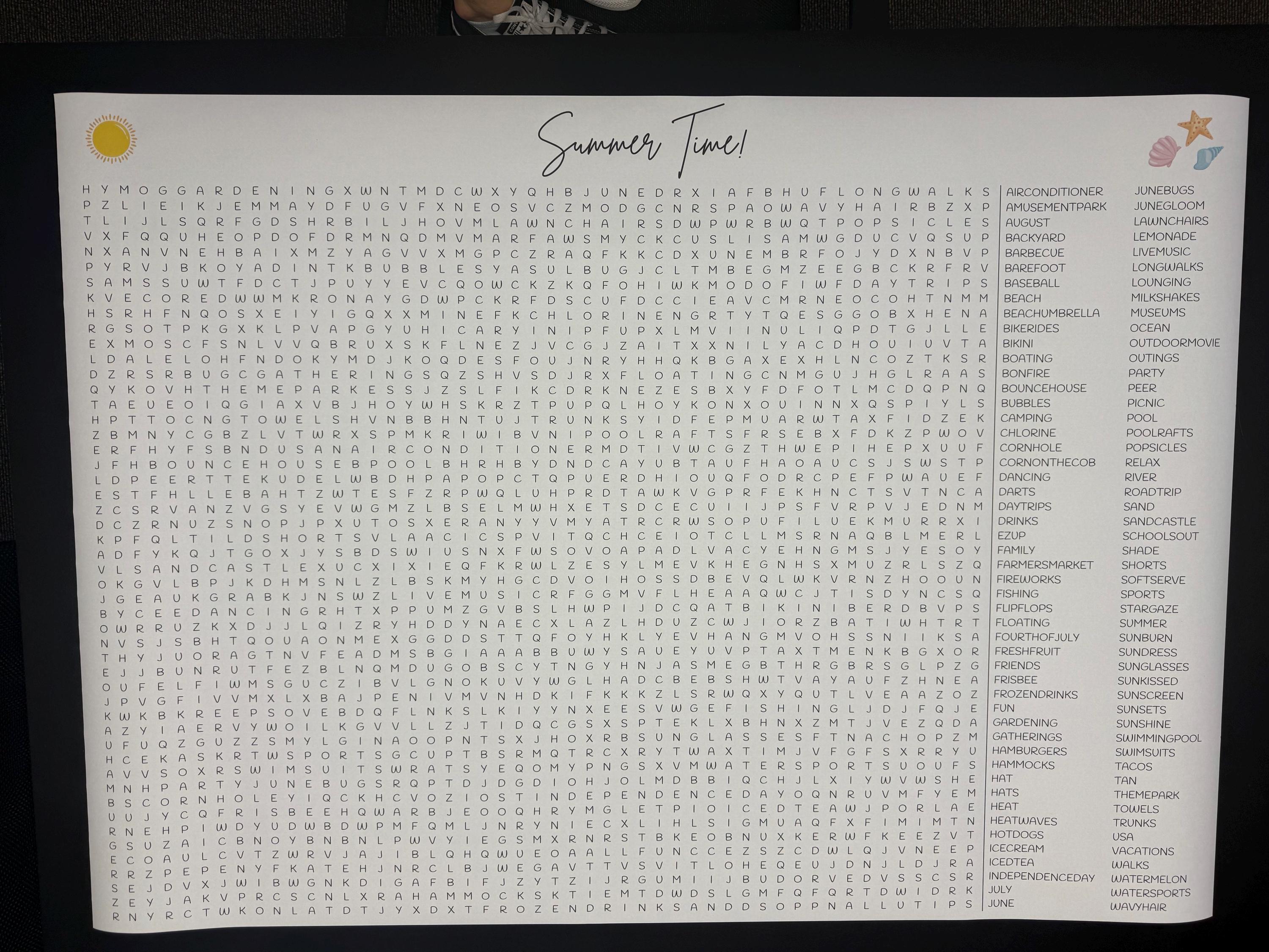 Giant Summer Word Search, Summer activities, Senior living Activity, Kids activity, Learning, Summer Decor, Games for adults, Games for kids