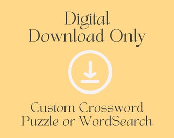 Può includere: Download digitale solo. Un'icona di download bianca su uno sfondo giallo. Il testo "Custom Crossword Puzzle or WordSearch" è sotto l'icona.