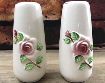 Vintage Mid-Century Ceramic Raised Rose Peddle Salt & Pepper Shakers